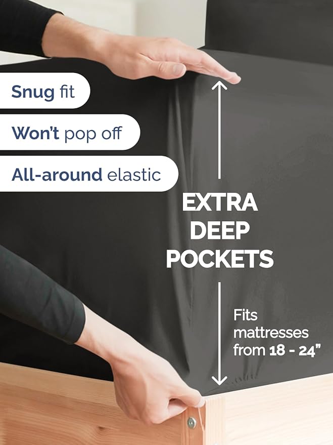 Extra Deep Pocket Cal King Sheets - 4 Piece Breathable & Cooling Bed Sheets - Hotel Luxury Bed Sheet Set - Soft, Wrinkle Free & Comfy - Easily Fits Extra Deep Mattresses - Deep Pocket Charcoal Sheets