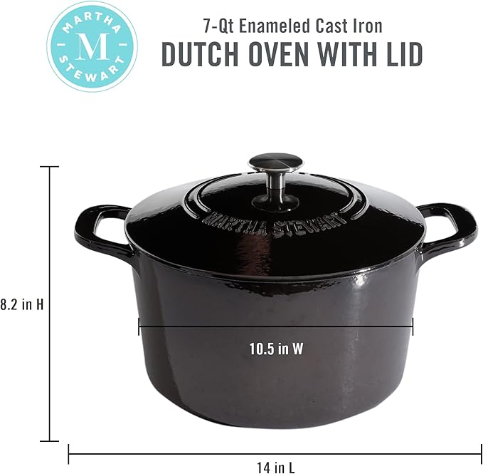 MARTHA STEWART Gatwick 7-Quart Enamel Cast Iron Dutch Oven Pot with Lid ??Grey ??Heavy-Duty Dutch Oven for Slow Cooking, Braising & Baking
