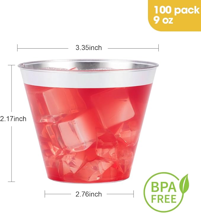 Goodluck 100PCS 9oz Plastic Cups for Party, Disposable Silver Cups, Plastic Cocktail Glasses for Wedding Thanksgiving, Christmas, and Parties