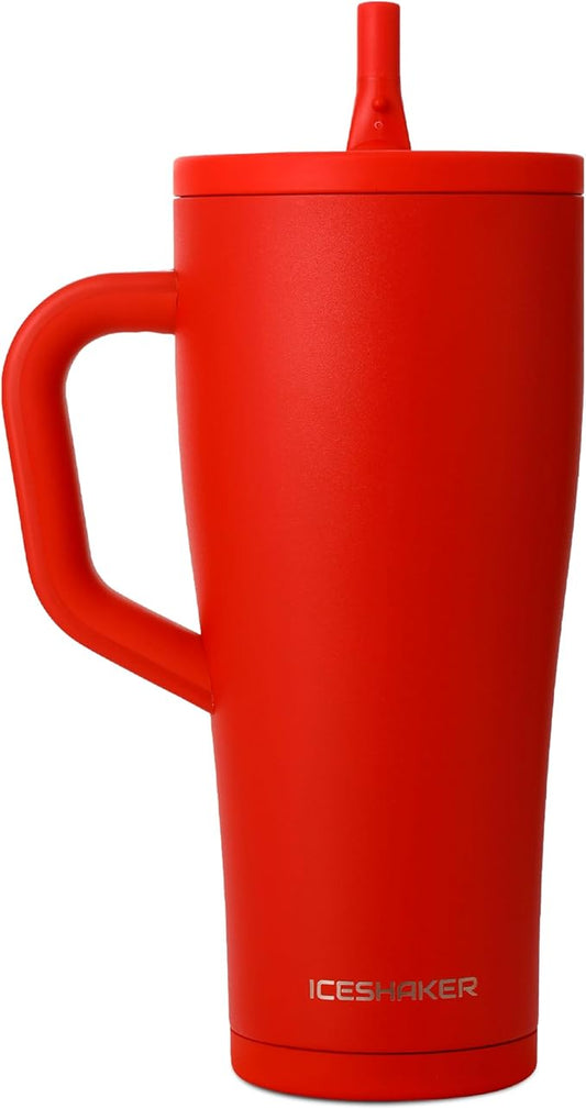 Ice Shaker 32 oz Tumbler with Handle and Straw | 32oz Red | Cold for 30+ Hours | 2-in-1 Tumbler Shaker Bottle | Odor-Free 32 ounce Bottle for Water, Protein Shakes, Smoothies, Cocktails