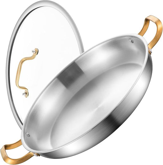14 Inch Stainless Steel Paella Pan with Lid,Frying Pan, Tri-Ply Even Heating, Induction Ready & Dishwasher Safe ??Great for Camping, Parties, Family Gatherings