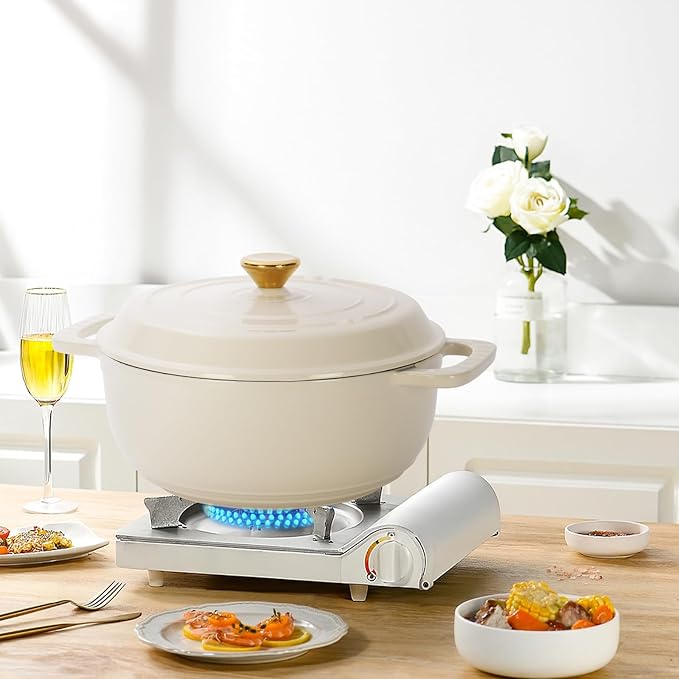Enameled Cast Iron Dutch Oven, Ceramic White, 6 Quart, with Gold-Tone Lid Knob and Silicone Oven Mitts