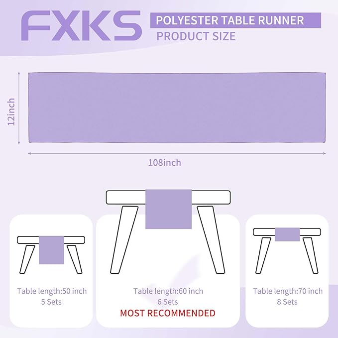 12 Pack Lavender Polyester Table Runner 12 x 108 Inch Long Rustic Farmhouse Wedding Table Runners, Washable and Reusable Table Runner for Wedding Birthday Parties Banquet Table Decorations