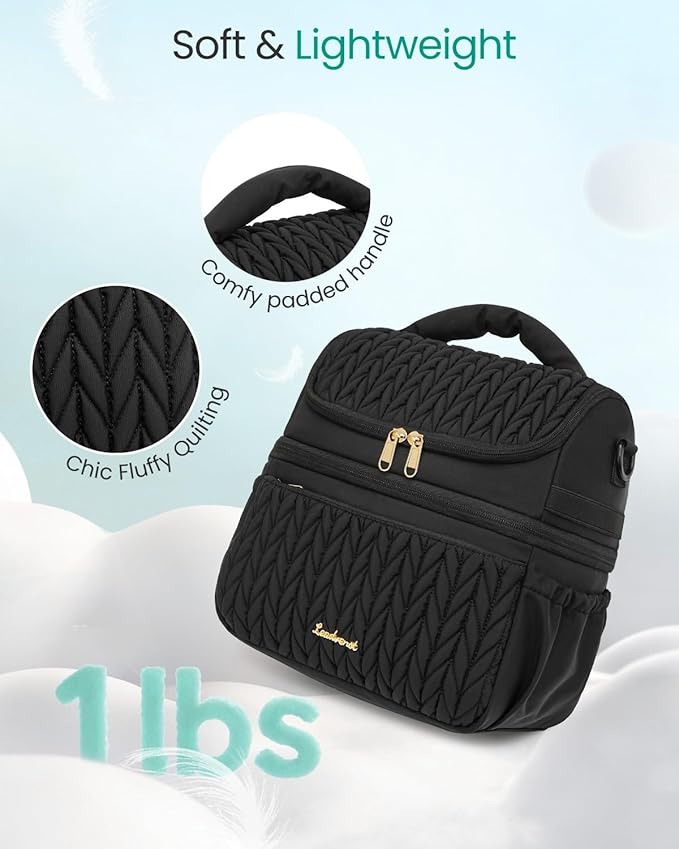 LEADVENST Lunch Bag Women, Double Deck Insulated Lunch Box - Large Capacity 12L with Detachable Divider for Tall Items, Leakproof, Durable & Reusable Cooler Bag For Work Picnic Travel, Quilted Black
