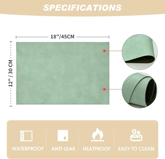 Artoid Mode Sage Faux Leather Placemats Set of 6, 12x18 Inch Waterproof Wipeable Heat Resistant Place Mats, Reversible Table Mats for Spring Kitchen Dining Decor