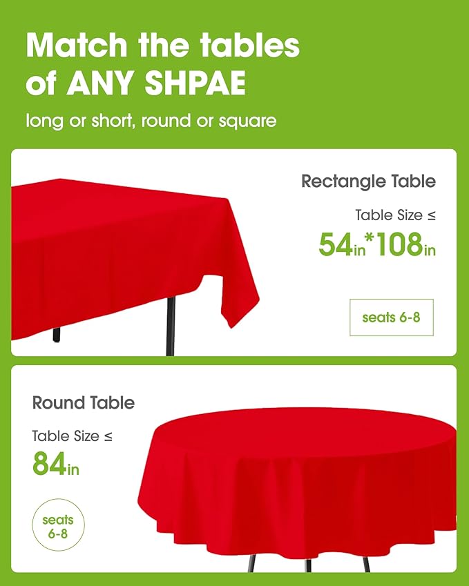 Pureegg Plastic Table Cloth Disposable 12 Pack, 84'' Round Table Cloths, Valentines Day, Thanksgiving, Christmas Decorations, Fall Tablecloths, Round, Plastic Cover, Leakproof & Sturdy, Red