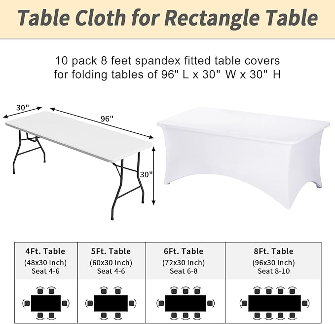 Fixwal 8FT Spandex Table Cover, 10 Pack Fitted Rectangular Stretch Tablecloth, Washable Patio Table Cover(White, 96Lx30Wx30H Inch)