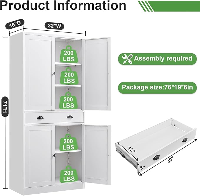71??Tall Kitchen Pantry Cabinet with Drawers,Metal Storage Cabinet with Doors and Adjustable Shelves,Modern Kitchen Hutch Cabinets竊똅reestanding Cupboard for Dining Room