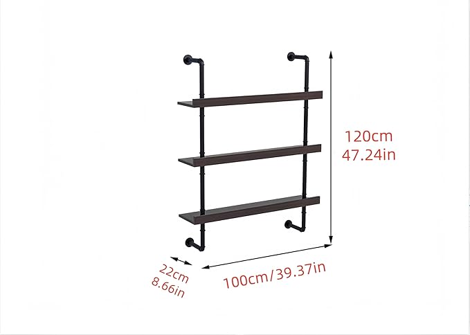 39 Inch Large Wall Mounted Wine Rack, 3 Tier Industrial Pipe Shelf Rustic Wood Floating Shelves, Wall Bar Shelves for Liquor Bottles Display Storage Organizer for Dining Room(Walnut, No Lights)
