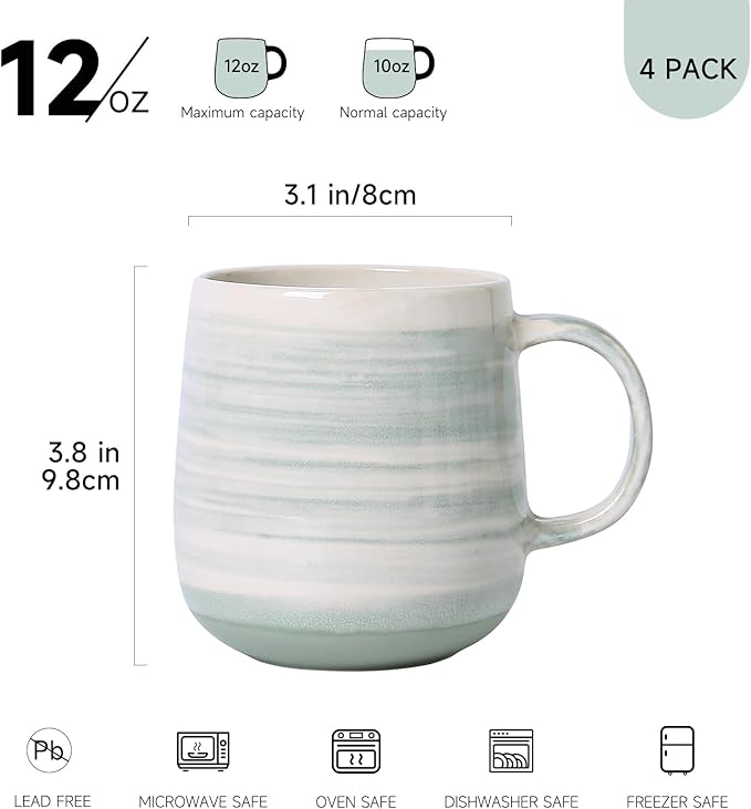 Coffee Mugs 4-Piece Set of Pastel green Ceramic Coffee Mugs with Glossy Finish, 12oz Modern Cups - Comfortable Handle, Dishwasher & Microwave Safe for Home, Office, Cafe