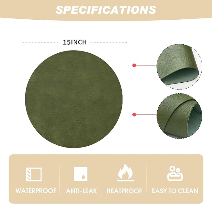 Artoid Mode Olive Green Faux Leather Placemats Set of 4, 15 Inch Waterproof Wipeable Heat Resistant Place Mats, Reversible Table Mats for Kitchen Dining Decor