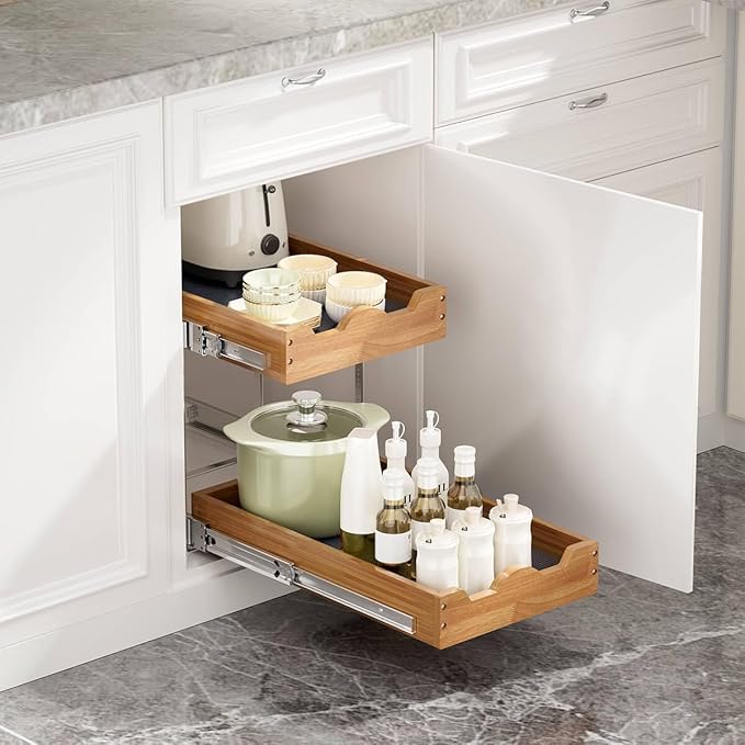 OCG Pull Out Drawers For Cabinets 14"W x 21"D, 2 Tier Heavy-Duty Slide out Wood Drawer Shelf, Pull Out Drawer for Cabinets, Base Cabinet Organization for Kitchen, Pantry, Bathroom
