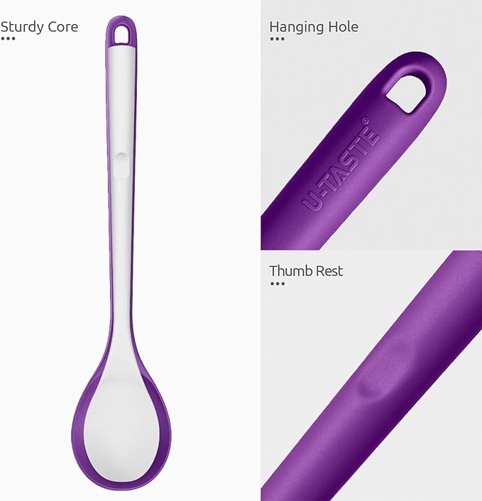 600쨘F Heat Resistant Silicone Spoon: U-Taste 13.3in Solid Kitchen Cooking Spoon, Nonstick Food Grade Large & Long Soup Rubber Utensil for Mixing, Serving, Stirring, Basting, for Pot Cookware (Purple)