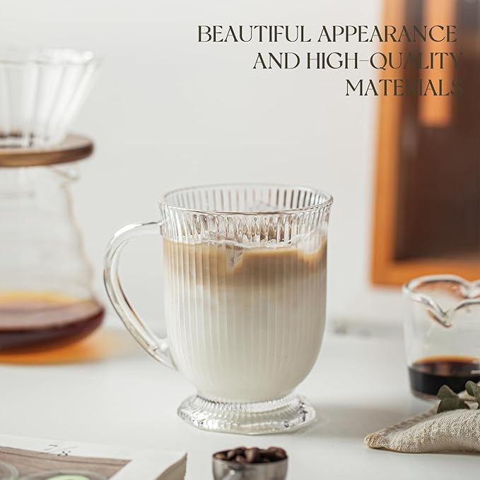 KEMORELA Ribbed Glass Coffee Mug Set, 16oz Clear Glass Mugs with Handle, Bar Accessories, Durable Drinkware for Hot Beverages, Set of 2 Coffee Mugs