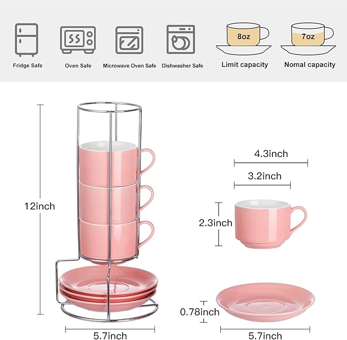 8oz Porcelain Cappuccino Cups with Saucers and Metal Stand, Stackable Coffee Cups for Specialty Coffee Drinks, Cappuccino, Latte, Espresso, Americano and Tea - Cups Set of 4, Pink
