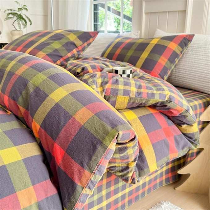 LifeTB Full Comforter Set Geometric Checkered Pattern Comforter Multicolor Grid Plaid Gingham Bedding Comforter Set Fluffy Soft Lightweight Bedding 3 Pieces Grid Bed Comforter with 2 Pillowcases
