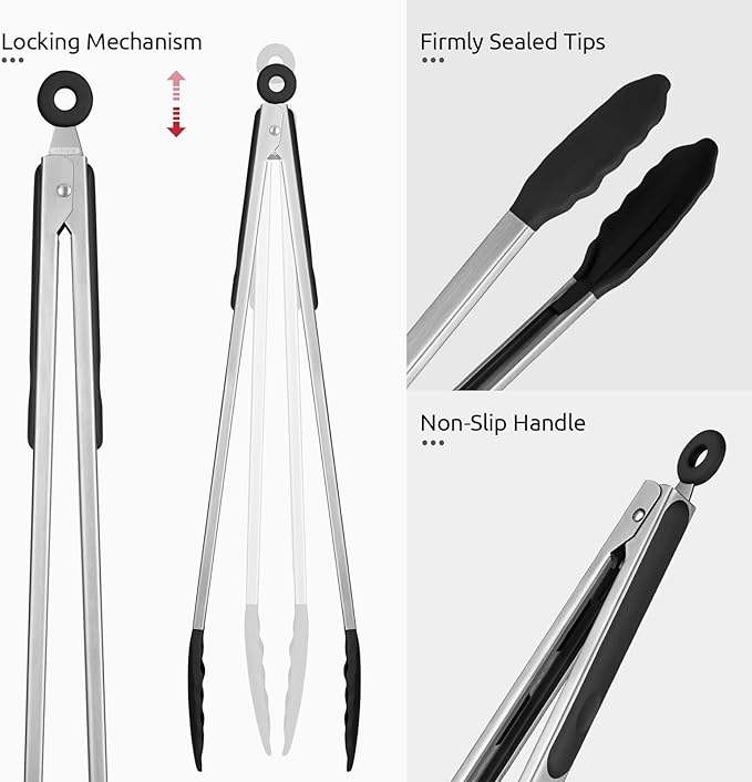 600쨘F Heat Resistant Kitchen Tongs: U-Taste 16 inch Extra Long Large Silicone Cooking Tong with Sturdy Non Stick Rubber Tips & Non Slip Silicon Coated 18/8 Stainless Steel Handle for Grill BBQ (Black)