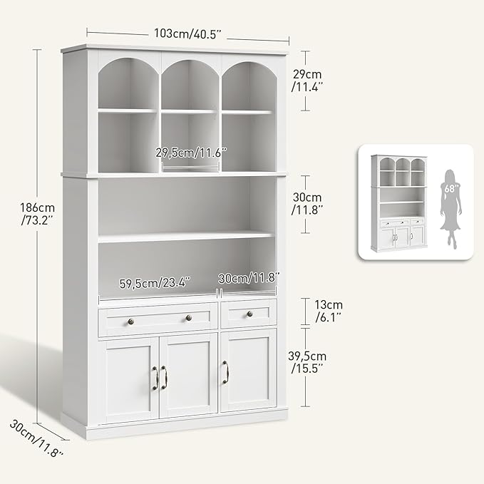 73.2" Tall Farmhouse Arched Bookshelf with Drawer and Door, Set of 2, 6 Tier Mid Century Modern Book Shelf and Bookcase with Storage, Floor Standing Display Cabinet for Home Office, White