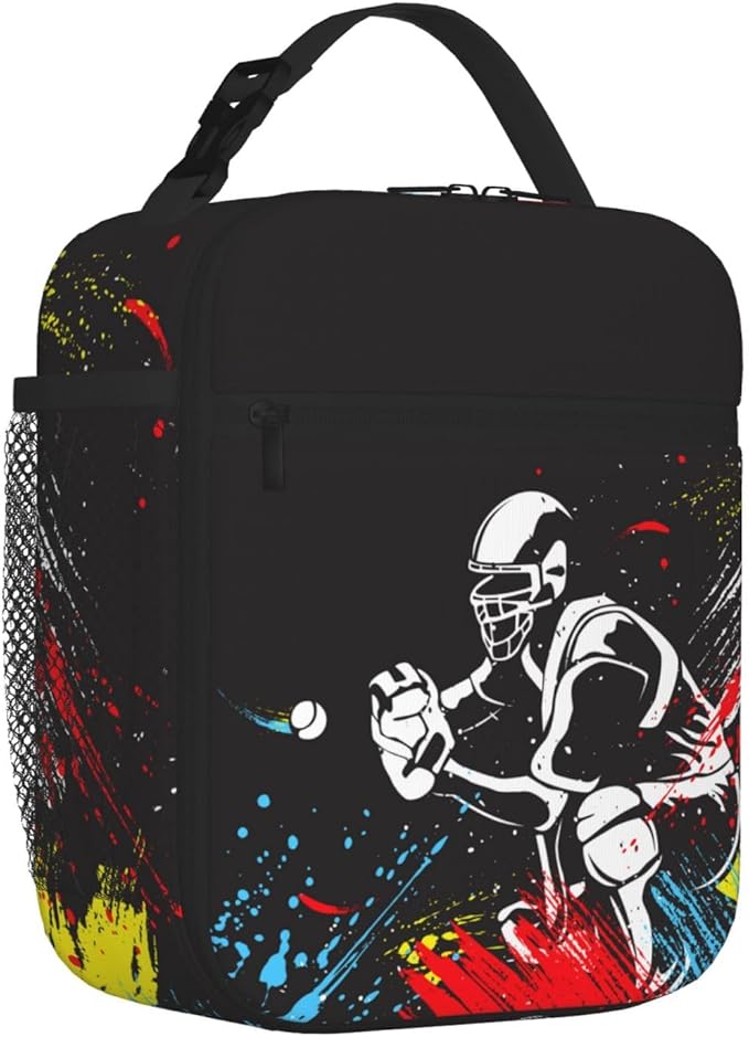 YIJIUWKIS Baseball-themed Lunch Box for Boys Men Sports Insulated Lunch Bag with Baseball Players Pattern Print, Black Cooler Thermal Meal Bag with Water Bottle Holder for Kids Teens Youth Adults