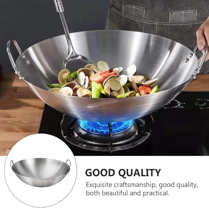 DOITOOL Stainless Steel Wok with Double Handles 12.6 Inch Round Bottom Pan for Stir Frying and Cooking Kitchen Use