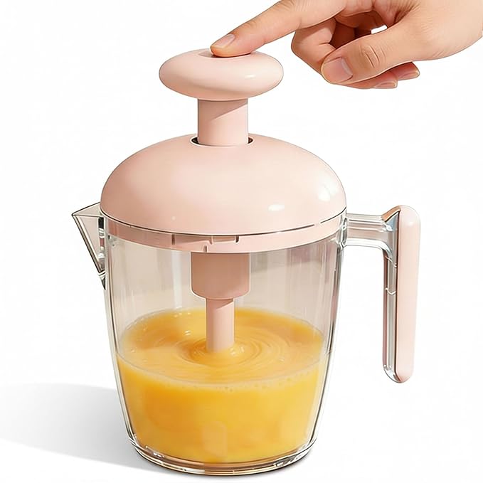 Manual Egg Mixer Ergonomic Press the Egg Beater Cup, Multi-function Blender with Built-in Foam Filter for Beating Eggs, Whipping Cream (Pink)