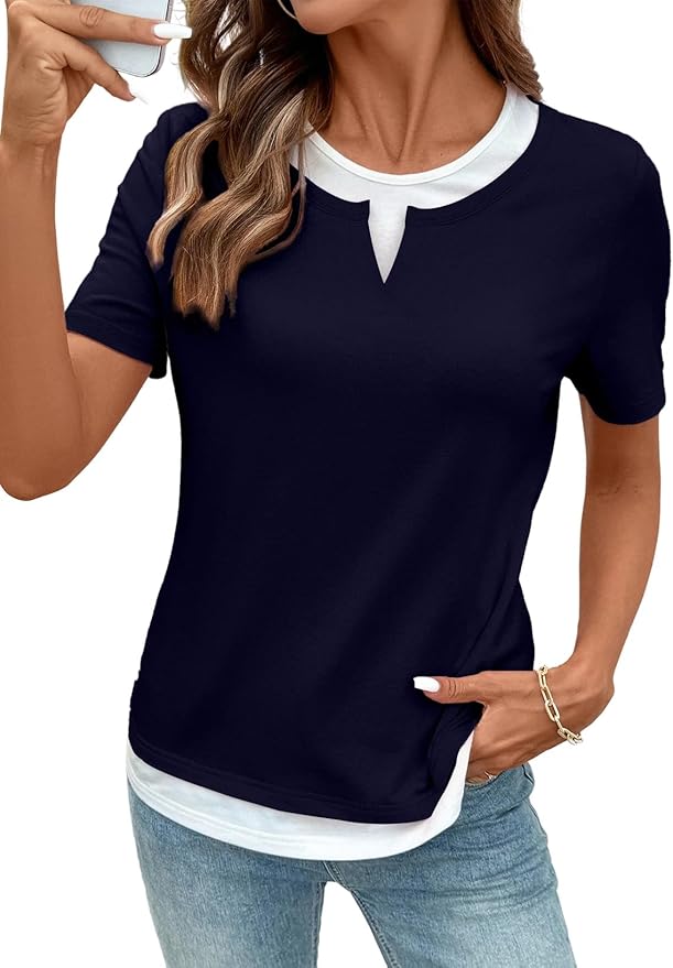 SHEWIN Womens Tops Casual Crewneck Color Block Short Sleeve Mock Double Layer T-Shirt Summer Outfits for Women 2026