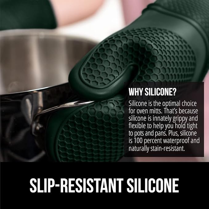 GORILLA GRIP BPA-Free Soft Silicone Oven Mitts, 14.5x8.3, Heat Resistant and Waterproof Cooking Gloves, Thick Cotton Lining, Flexible Gripping for Baking Grilling, Kitchen Potholders Set, Hunter Green