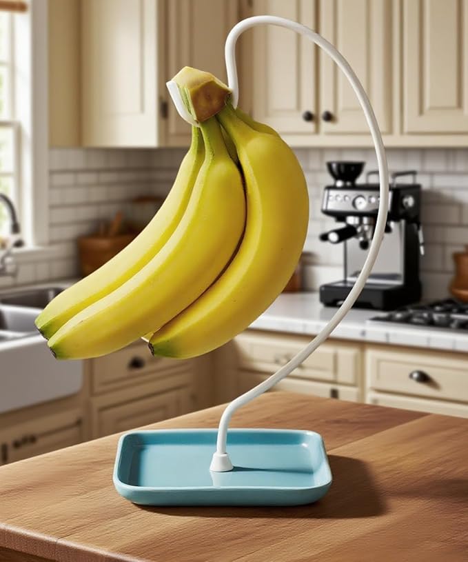 VROOMIUM Banana Holder Stand with Ceramic Bowl - Holds Up to 5 Pounds Bananas, Hassle-free Cleaning, Stylish and Chic Design Banana Rack, Blue