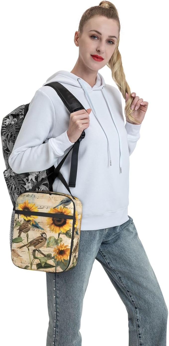 VANZEV Vintage Bird Print Insulated Lunch Box Gifts for Kids Adults Sunflower and Musical Note Design Reusable Portable Lunchbox Cooler Lunchbag for Work Picnic School Travel or Hiking