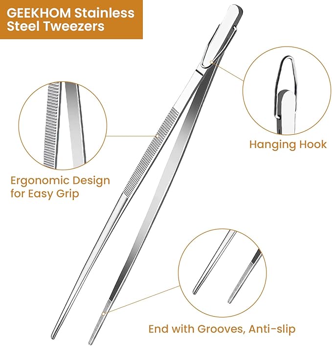 GEEKHOM Professional 12-Inch Chef Tweezers Tongs: 2-Pcs Stainless Steel with Precision Serrated Tips for Plating (Silver)