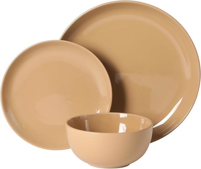 Gibson Home Rockaway 12-Piece Round Stoneware Dinnerware Set, Service for 4 ??Beige Plates and Bowls, Modern Matte Finish, Microwave & Dishwasher Safe