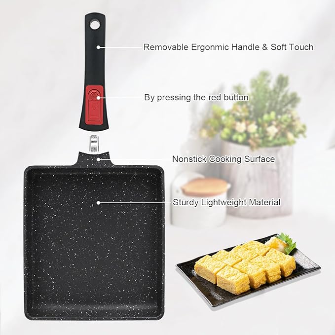 Nonstick Tamagoyaki Pan Large, Japanese Omelette Pan Nonstick, Japanese Square Egg Pan with Detachable Handle, PFAS & PFOA-Free, Oven Safe, 9" x 8.2"