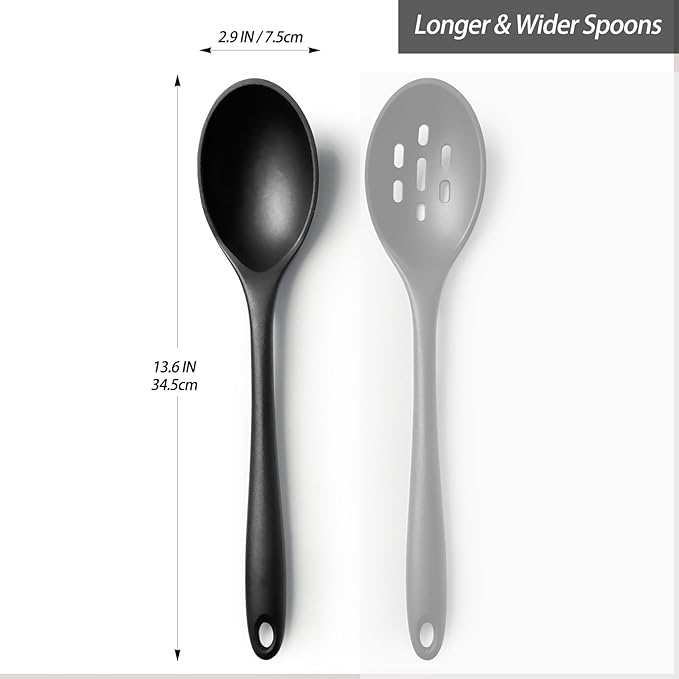 Silicone Spoons for Cooking - Extra Large Kitchen Spoons for Mixing, Serving, & Stirring - 600째F Heat-Resistant Non Stick Utensils Ladle - Dishwasher Safe, Solid,Black