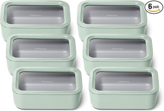 Caraway 6pc Glass Food Storage Set ??6.6 Cup Food Containers (6) - Ceramic Coated - Non Toxic, Non Stick with Lids - Microwave Safe - Mist