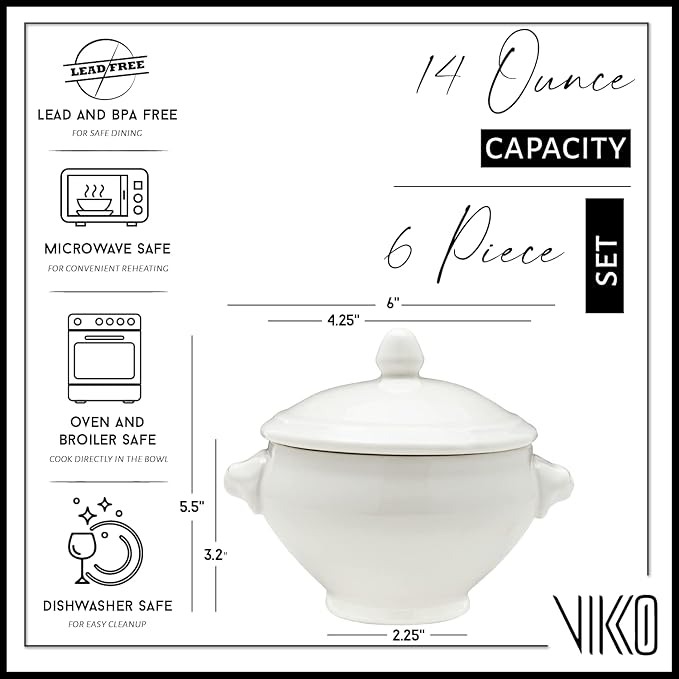 Vikko Soup Crocks With Lion Lids, 14 Ounce White Soup Bowl with Cover, Set of 6 Soup Dishes, Dishwasher Safe, Sturdy Design