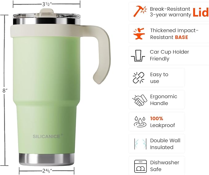 SILICANICE Kids - 24oz Insulated Tumbler - Removable Flip Spout & Straw Water Bottle With Durable handle, Base & Lid, Leak proof, Perfect for School, Sports, Lunch, Travel & Camp- Key Lime