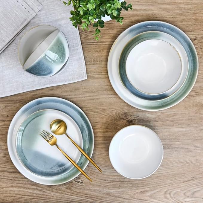 Sango 12 Pieces Stoneware Dinnerware Set, Glossy Blue, Green & White Dishes for 4, Premium Plates and Bowls Sets, Chip Resistant, Ceramic Kitchen Dish Set, Microwave & Dishwasher Safe, Color Block