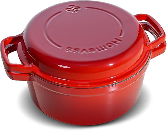 2-in-1 Enameled Cast Iron Braiser Pan with Grill Lid - 5-Quart Small Dutch Oven, Non-Stick Cookware Multi Cooker for Bread Baking Cooking Stewing, Suit for All Cooktops, Dual Handles & Oven Safe, Red