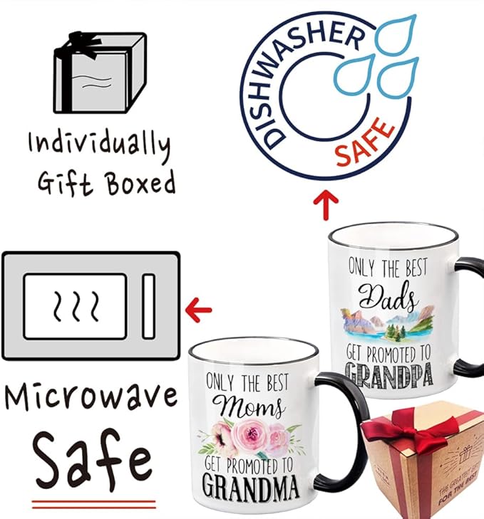 Only the Best Mom Dad Get Promoted to Grandma and Grandpa Mug Set 11oz, Pregnancy announcement Gifts, Birthday Christmas Thanksgiving Day Grandparent Mug Set of 2 Shot Mugs (Black)