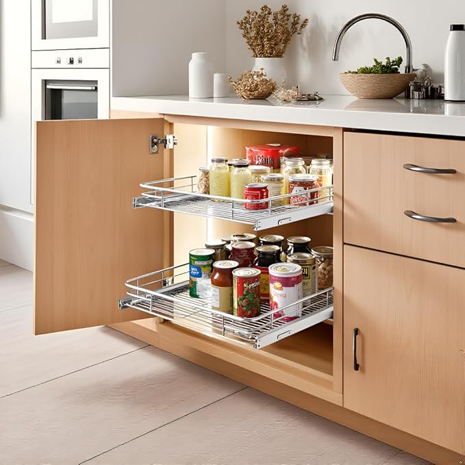 Pull Out Cabinet Organizer (22" W x 21" D), Slide Out Shelves for Kitchen Cabinets, Pull Out Drawers Heavy-Duty Metal Rolling Shelf, Chrome Finish