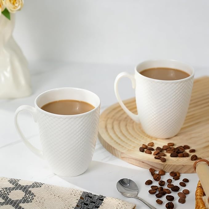 12 Oz White Coffee Mugs Set of 2, Fine Bone China Mugs, Ceramic Coffee Cups Set, Rhombus Relief Texture, Lightweight Tea Mugs for Latte, Hot Cocoa, Women, Men