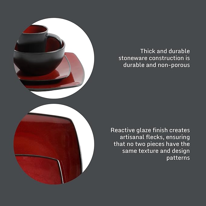Gibson Elite Soho Lounge Square 16-Piece Dinnerware Set, Service for 4, Reactive Glaze Stoneware Plates and Bowls, Modern Dishes, Microwave & Dishwasher Safe ??Red and Black