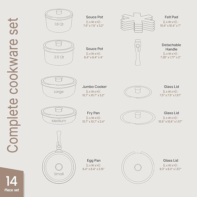 Pots & Pans Set Non Stick Ceramic-Granite ??14-Piece Cookware with Detachable Handles, Stackable Space-Saving, Dishwasher Safe, Stain-resistant, Oven & All-Stove Safe, Tempered Glass Lids, White Cream