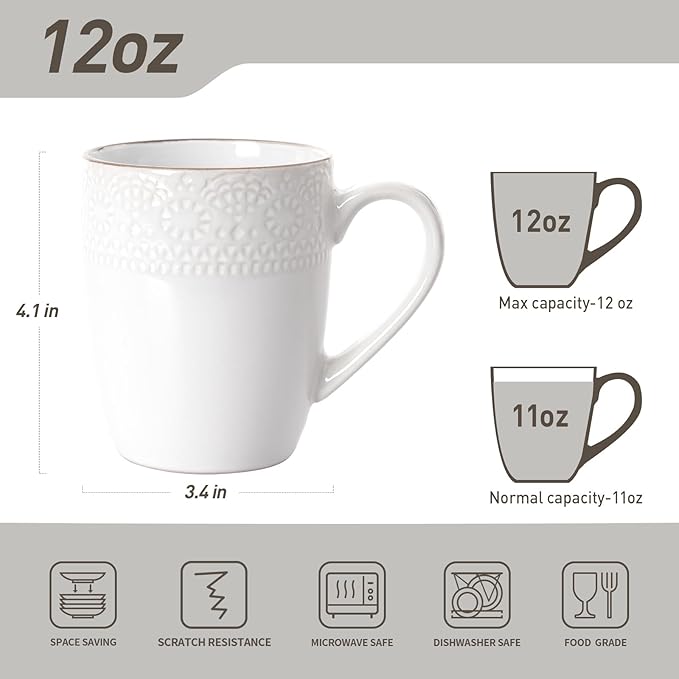famiware Coffee Mugs Sets for 6, 12 oz Mug Set, Coffee Cups with Handle for Coffee, Tea, Cocoa and Milk, Microwave and Dishwasher Safe, White Floral