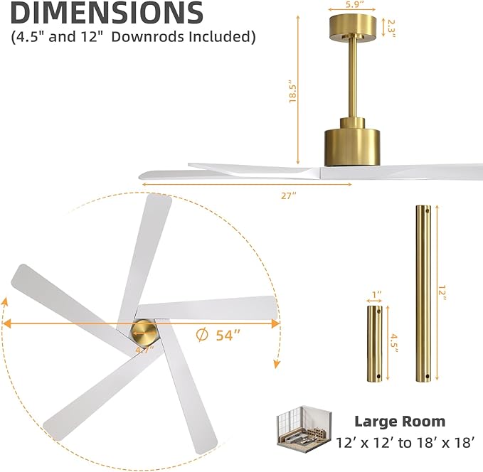 WINGBO 54" ABS DC Ceiling Fan No Light, 5 Blade ABS Plastic Ceiling Fan with Remote, 6-Speed Reversible DC Motor, Ceiling Fans without Light for Kitchen Bedroom Living Room, Brass and White