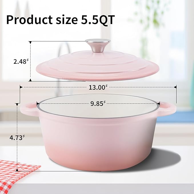 Enameled Cast Iron Dutch Oven Pot with Lid Heavy-Duty Cookware for Bread Baking,Braising,Stews,Roasting,Oven Safe up to 500째F,5.5QT,pink