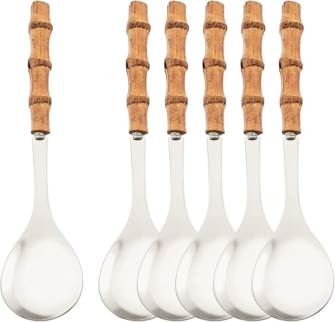 Natural Bamboo Handle Serving Spoons Set of 6, Large Size Stainless Steel Dinner Buffet Catering Banquet Serving Spoons, 10.0" Silver Big Ladle Tablespoons for Home, Family Serving Utensils