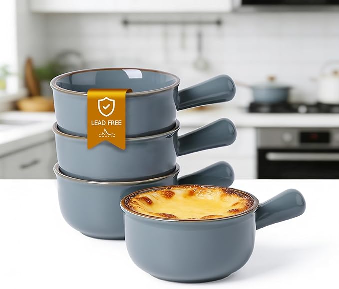 MONITO 16 Oz French Onion Soup Bowls, Ceramic Soup Bowls with Handles, Stackable Soup Crocks Oven Safe for Chili, Beef Stew, Cereal,Casseroles Microwave & Dishwasher Safe, Set of 4, Dusty Blue