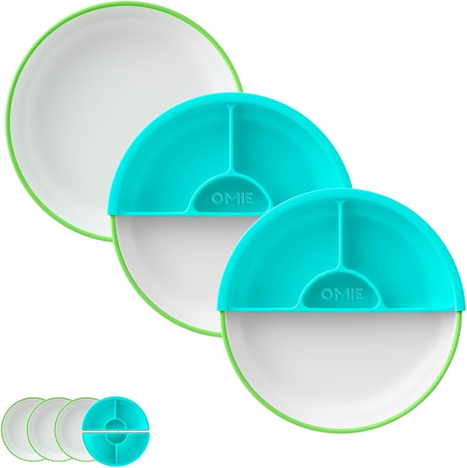 Omie짰 Easy Scoop Plates for Kids | Unique Design Helps Food Fall into the Spoon, Not on the Table | Made from Plants | 3 Plates + 2 Silicone Dividers | Green
