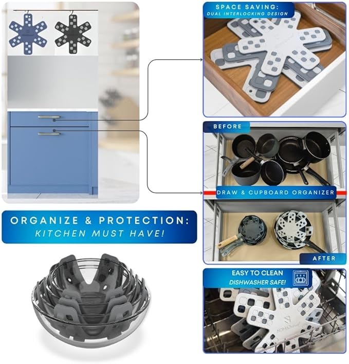 Dual-Use Silicone Pan Protectors for Stacking & Trivets for Hot Dishes | Silicone Trivet Mat | Perfect for Pot and Pan Protectors for Stacking | Cookware Protectors for Stacking (M-BLU/BLU)